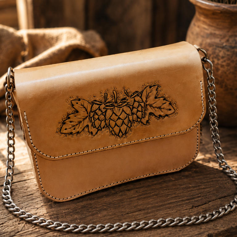 Handgefertigte Trachtenhandtasche ungefärbt mit Hopfenpunzierung