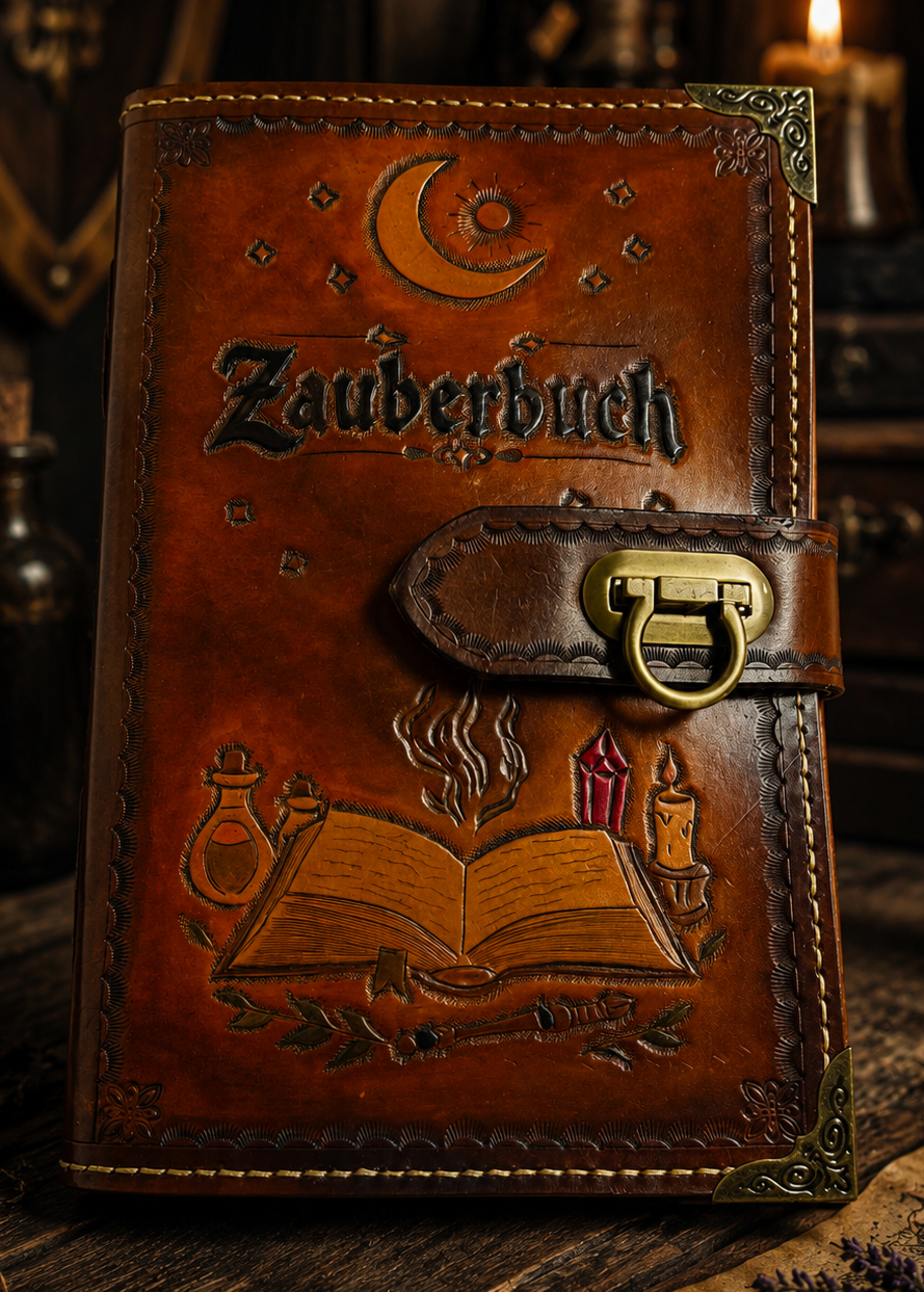 Handgefertigtes und handgebundenes Zauberbuch aus Leder mit spezieller Punzierung